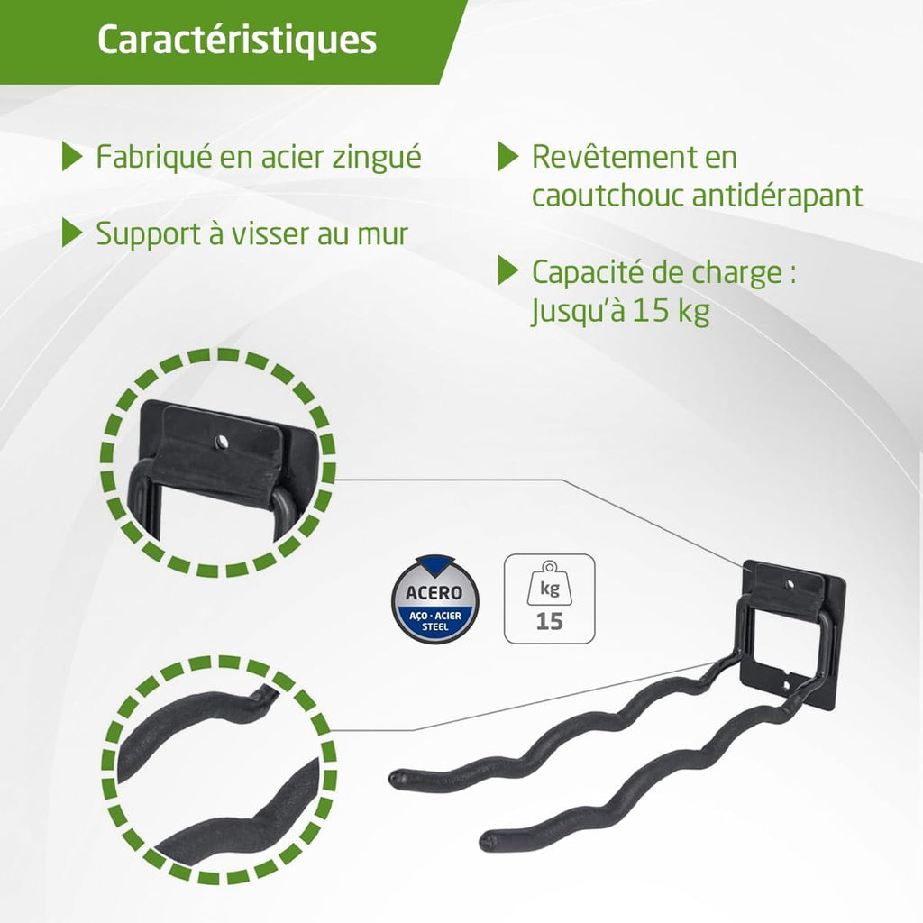  Amig - Crochet Pour Accrocher Outils - Support à Montage Mural - Acier Galvanisé - Revêtement En Caoutchouc Antidérapant - Capacité De Charge 15kg - Idéal Pour Vélos Et Outils De Jardin