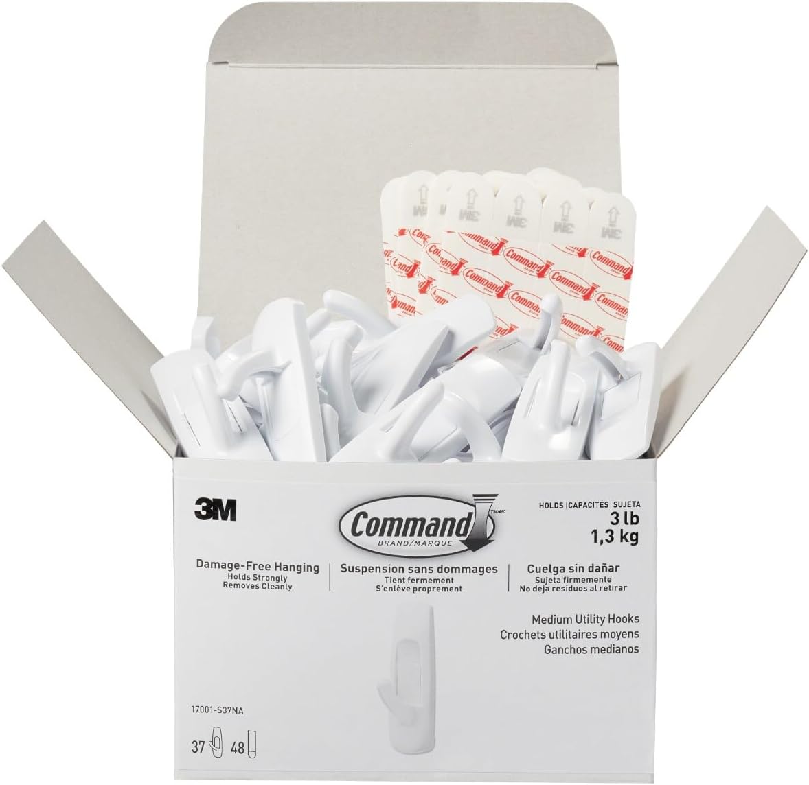 COMMAND 3M 17001S37NA General Purpose Hooks, Plastic, White, 3 Lb Cap, 37 Hooks And 48 Strips/Pack