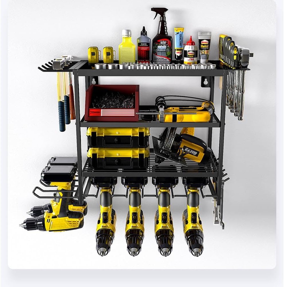  Organisateur D'Outils ÉLectriques De Rangement Outils Mural ÉTagèRe à Porte Outils Mural à 4 Niveaux, Rangement Garage Atelier Support Outils Mural Pour Garage, Atelier, 60x24.5x41.5 Cm (Noir)