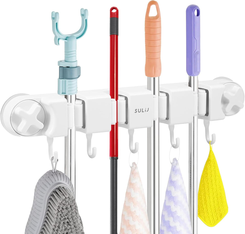  Support Mural Robuste Pour Balai Et Balai Avec 4 Supports Et 5 Crochets Pour La Maison, La Cuisine, Le Jardin, Les Outils, Le Garage