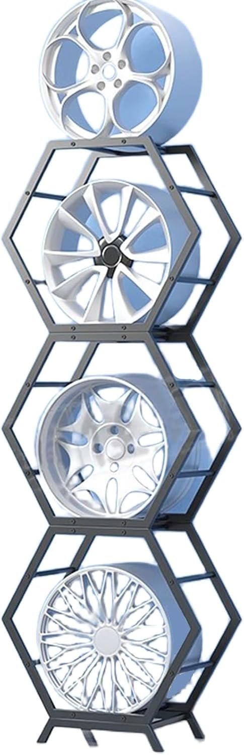  Générique Support De Rangement Pour Jantes De Pneus En Acier Robuste, Support Hexagonal Empilable Pour Garage Et Abri Auto (6 Cadres + 2 Bases)