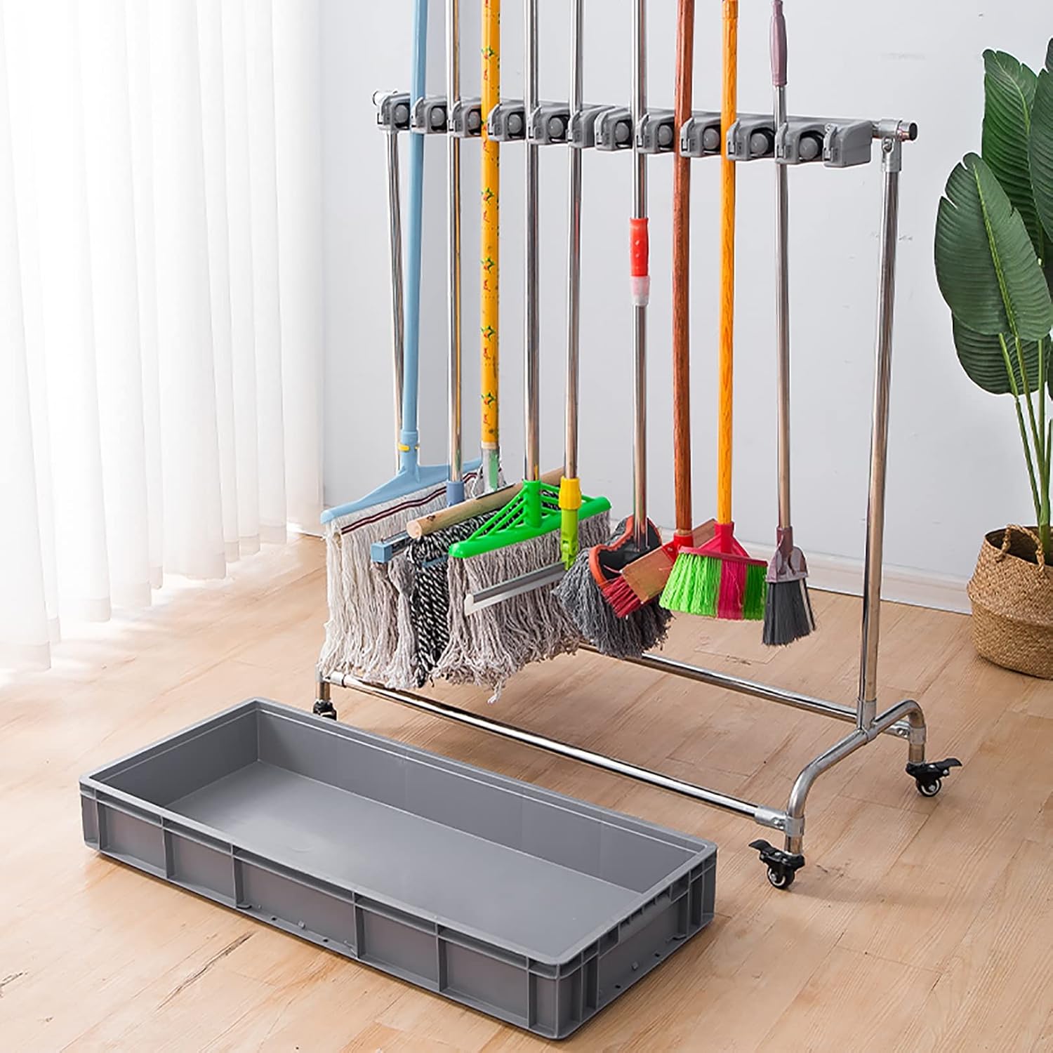 GENERIC Support De Balai Mobile Au Sol Avec 5 Supports Et 6 Crochets, Chariot à Outils De Nettoyage Sur Pied Pour Jardins, écoles, Usines, Hôtels Et Propriétés