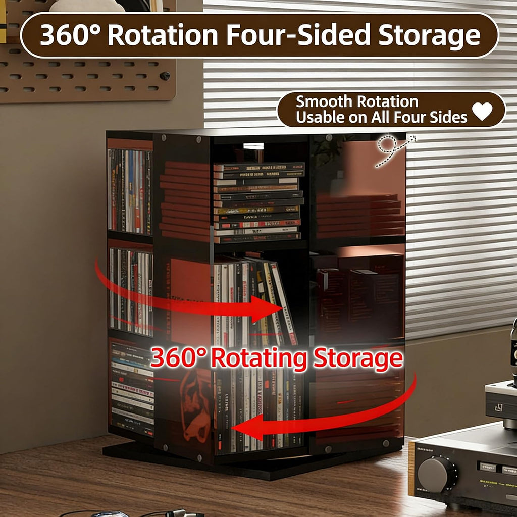  Tour De Rangement Rotative Pour CD, DVD, Disque Vinyle, Design Rotatif à 360°, Rangement Ouvert Sur Les 4 Côtés, Capacité De 120 CD, Compartiment Unique 14 X 14 Cm (couleur Noyer)