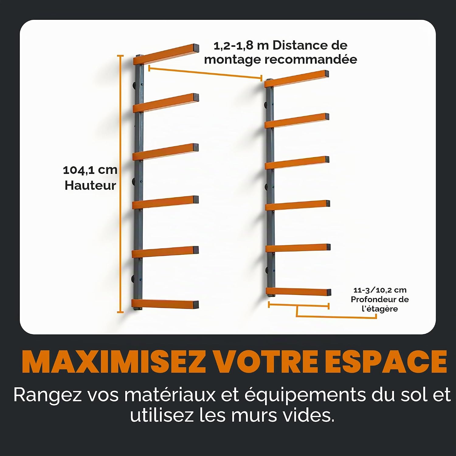  BORA PBR-001 Organiseur En Bois Et étagère De Rangement En Métal Avec Support Mural à 6 Niveaux – Utilisation En Intérieur Et En Extérieur – Orange