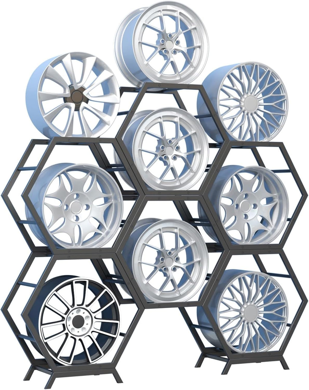  Générique Support De Rangement Pour Jantes De Pneus Robuste, Support Hexagonal Empilable En Acier, Pour Atelier De Réparation Automobile Et Abri Auto (3 Cadres + 1 Base)