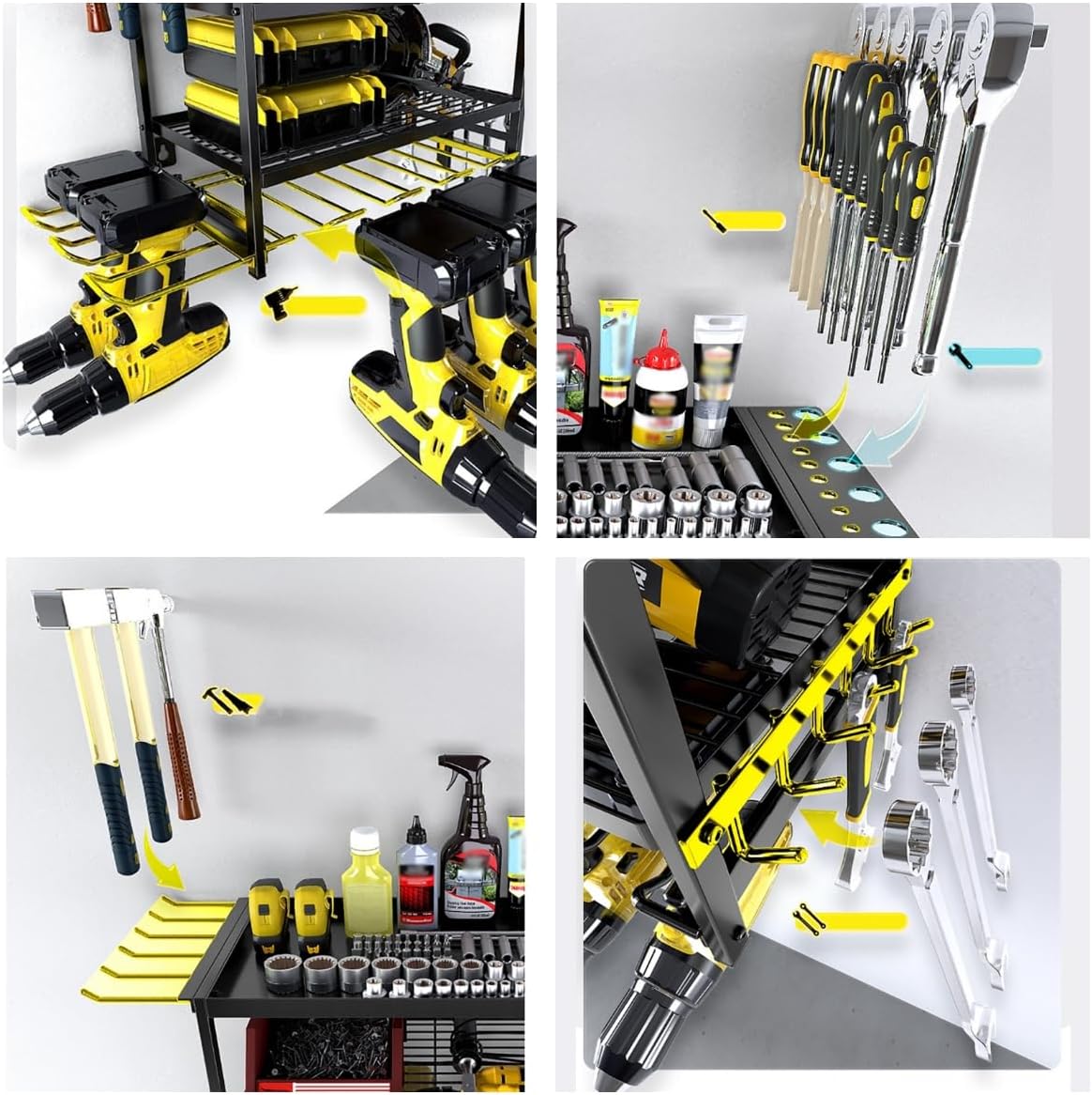  Organisateur D'Outils ÉLectriques De Rangement Outils Mural ÉTagèRe à Porte Outils Mural à 4 Niveaux, Rangement Garage Atelier Support Outils Mural Pour Garage, Atelier, 60x24.5x41.5 Cm (Noir)