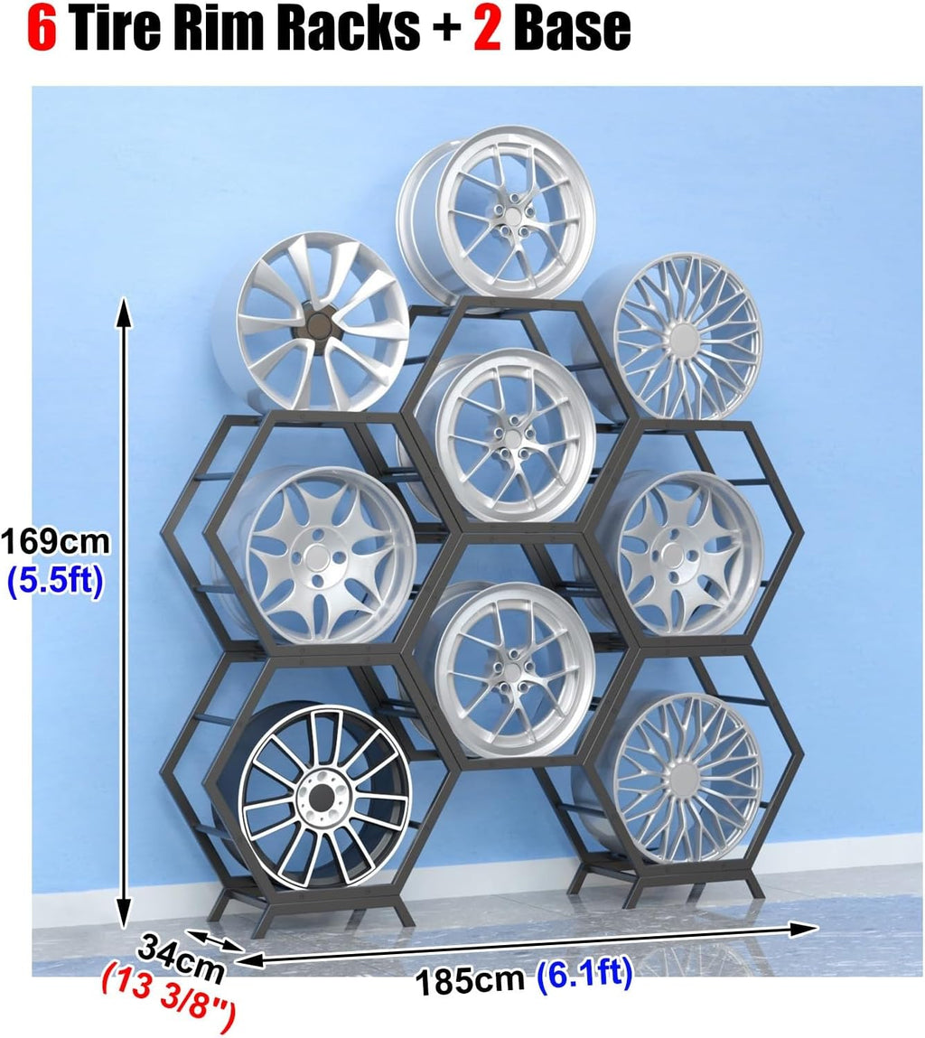  Générique Support De Rangement Pour Jantes De Pneus En Acier Robuste, Support Hexagonal Empilable Pour Garage Et Abri Auto (6 Cadres + 2 Bases)