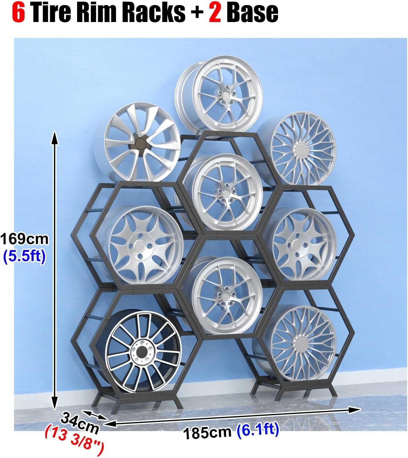  Générique Support De Rangement Pour Jantes De Pneus En Acier Robuste, Support Hexagonal Empilable Pour Garage Et Abri Auto (6 Cadres + 2 Bases)