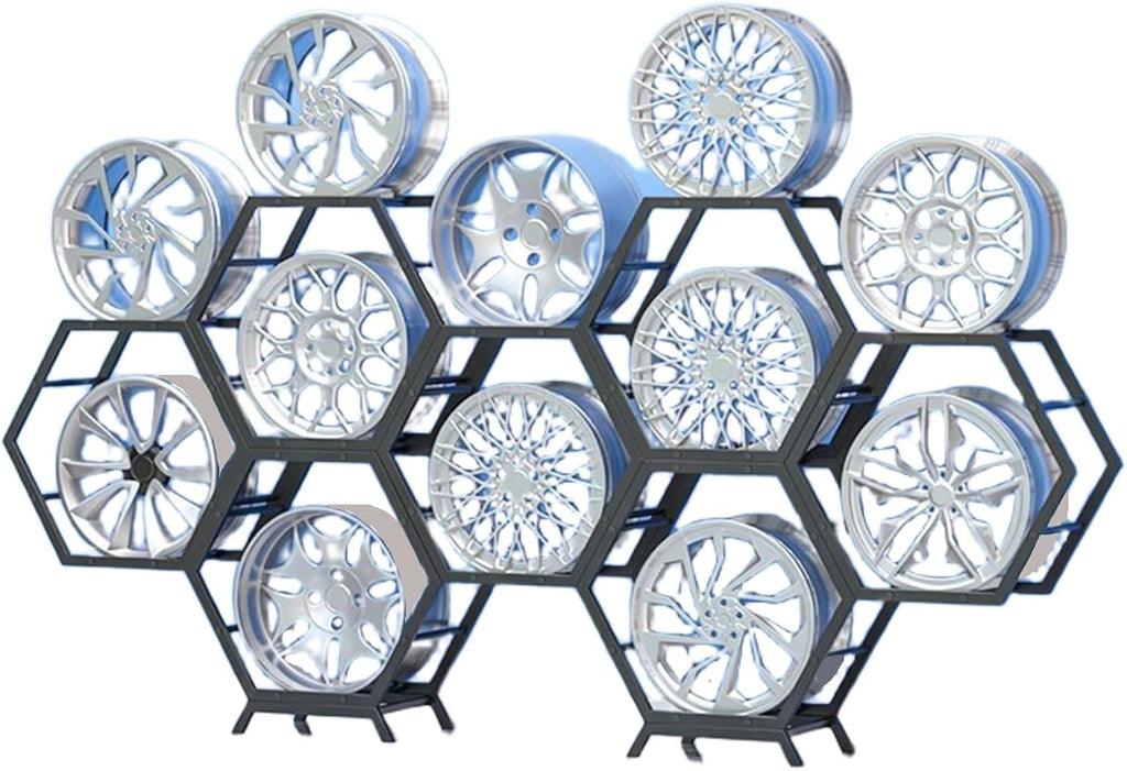  Générique Support De Rangement Pour Jantes De Pneus Robuste, Support Hexagonal Empilable En Acier, Pour Atelier De Réparation Automobile Et Abri Auto (3 Cadres + 1 Base)