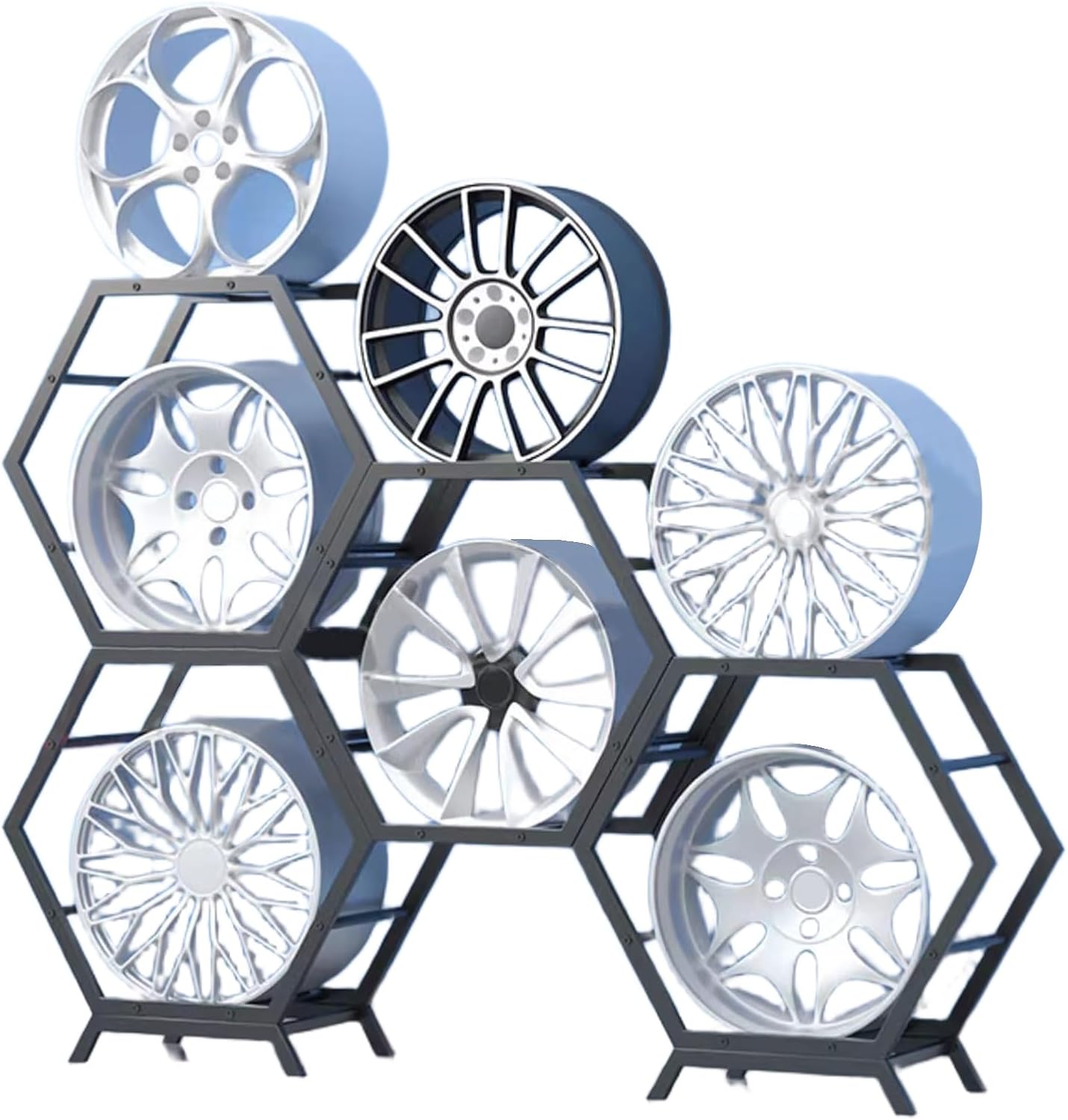  Générique Support De Rangement Pour Jantes De Pneus Robuste, Support Hexagonal Empilable En Acier, Pour Atelier De Réparation Automobile Et Abri Auto (3 Cadres + 1 Base)