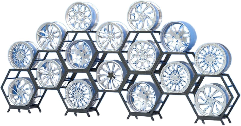  Générique Support De Rangement Pour Jantes De Pneus Robuste, Support Hexagonal Empilable En Acier, Pour Atelier De Réparation Automobile Et Abri Auto (3 Cadres + 1 Base)