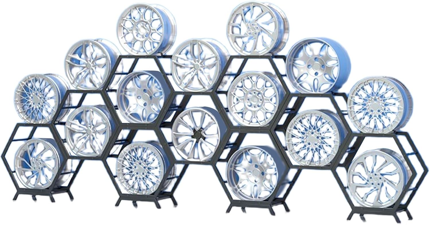  Générique Support De Rangement Pour Jantes De Pneus Robuste, Support Hexagonal Empilable En Acier, Pour Atelier De Réparation Automobile Et Abri Auto (3 Cadres + 1 Base)