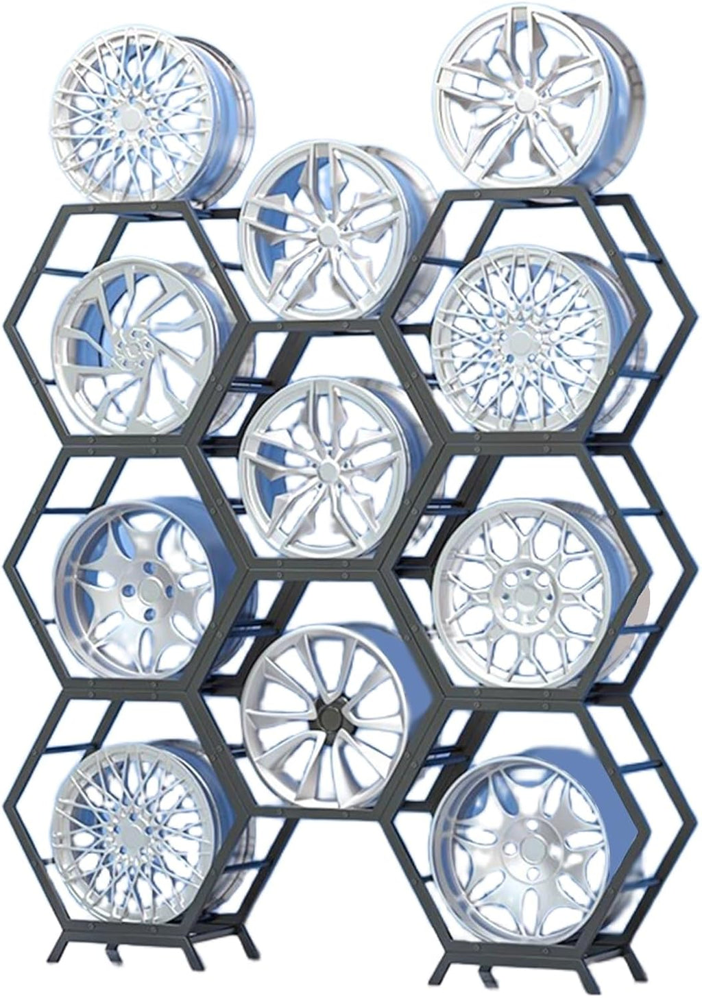  Générique Support De Rangement Pour Jantes De Pneus En Acier Robuste, Support Hexagonal Empilable Pour Garage Et Abri Auto (6 Cadres + 2 Bases)