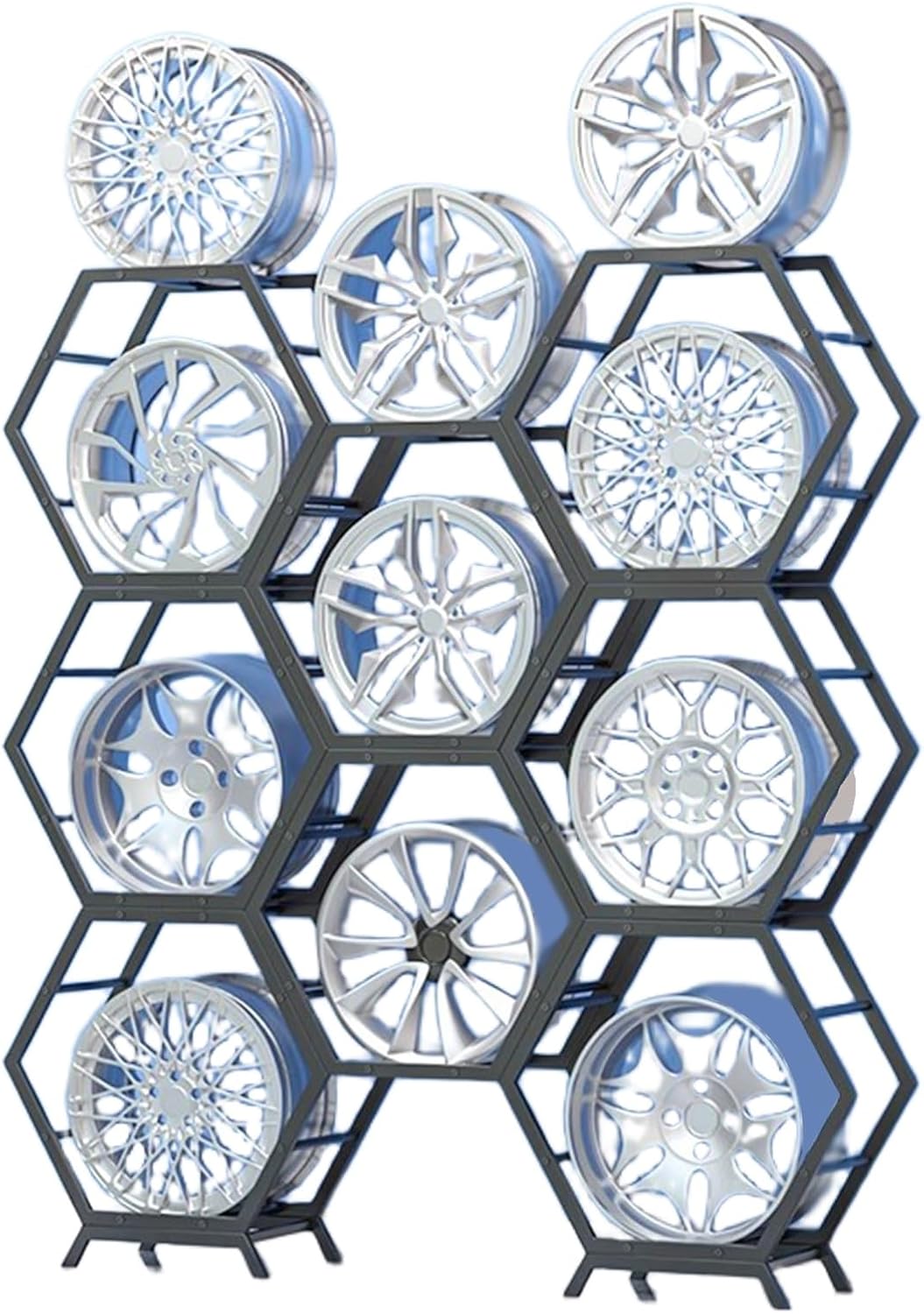  Générique Support De Rangement Pour Jantes De Pneus Robuste, Support Hexagonal Empilable En Acier, Pour Atelier De Réparation Automobile Et Abri Auto (3 Cadres + 1 Base)