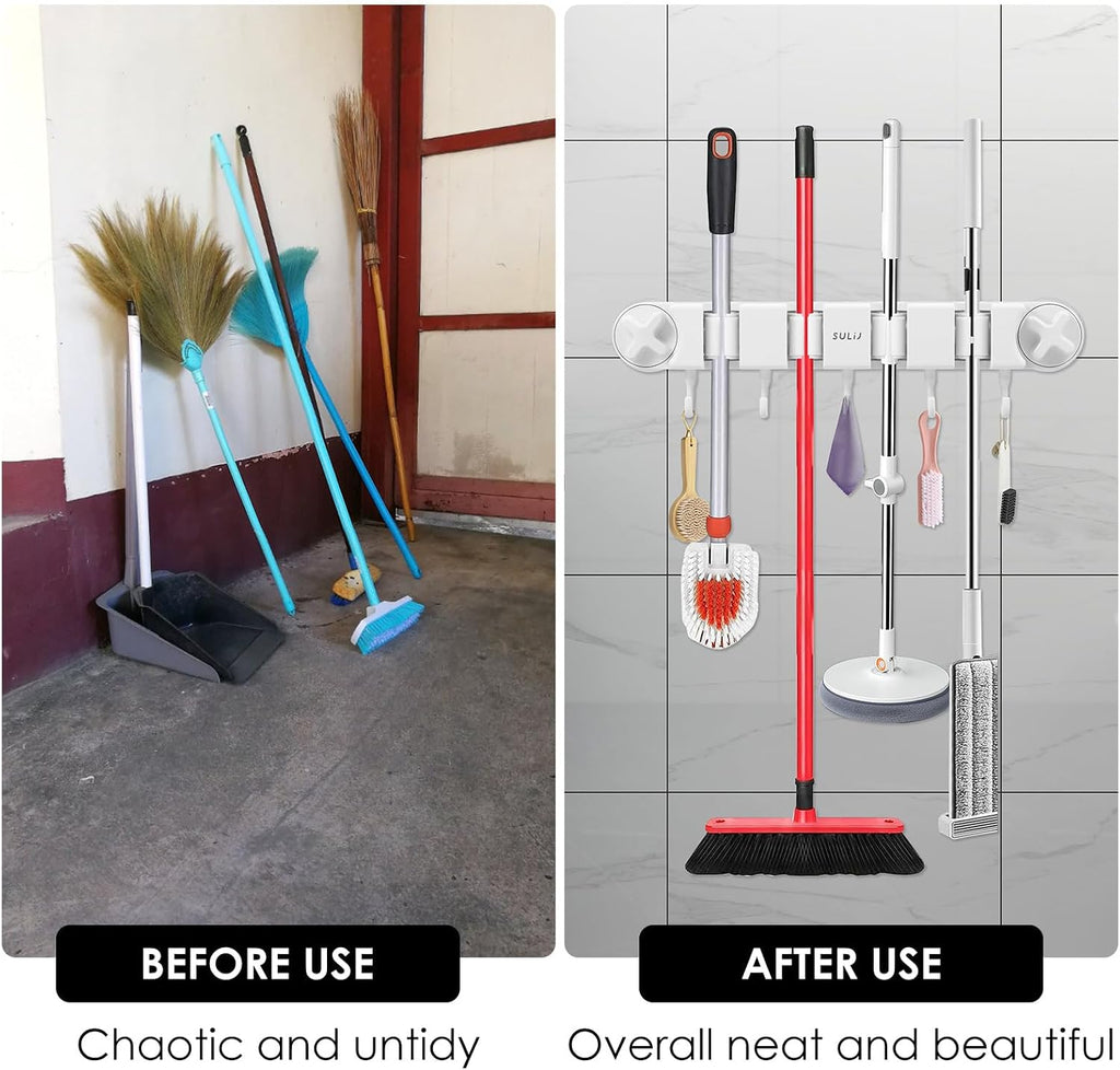  Support Mural Robuste Pour Balai Et Balai Avec 4 Supports Et 5 Crochets Pour La Maison, La Cuisine, Le Jardin, Les Outils, Le Garage