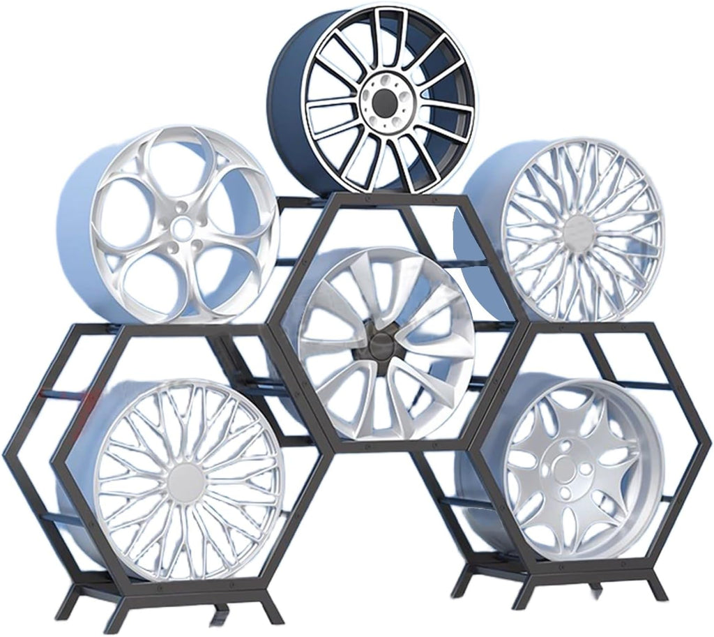  Générique Support De Rangement Pour Jantes De Pneus Robuste, Support Hexagonal Empilable En Acier, Pour Atelier De Réparation Automobile Et Abri Auto (3 Cadres + 1 Base)