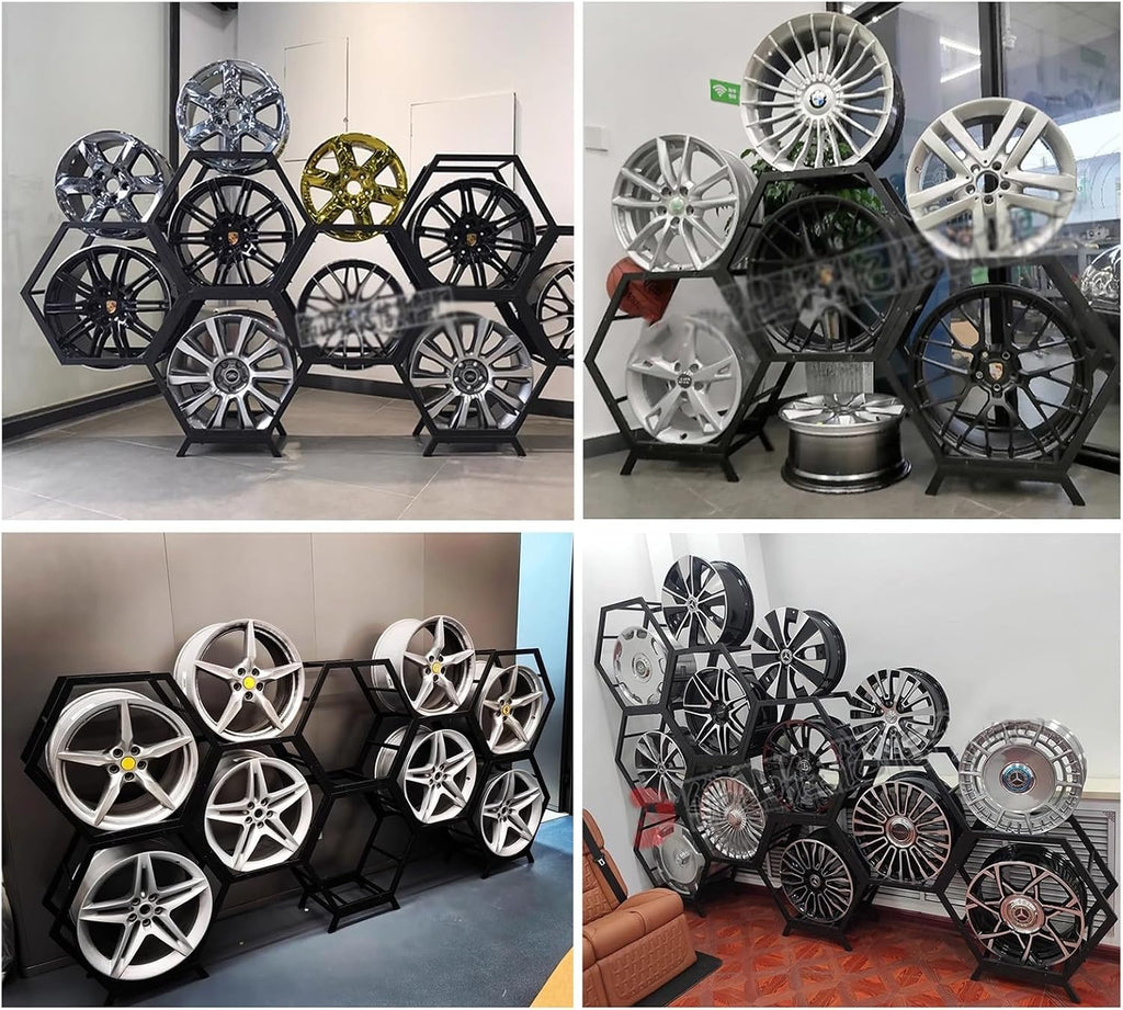  Générique Support De Rangement Pour Jantes De Pneus Robuste, Support Hexagonal Empilable En Acier, Pour Atelier De Réparation Automobile Et Abri Auto (3 Cadres + 1 Base)
