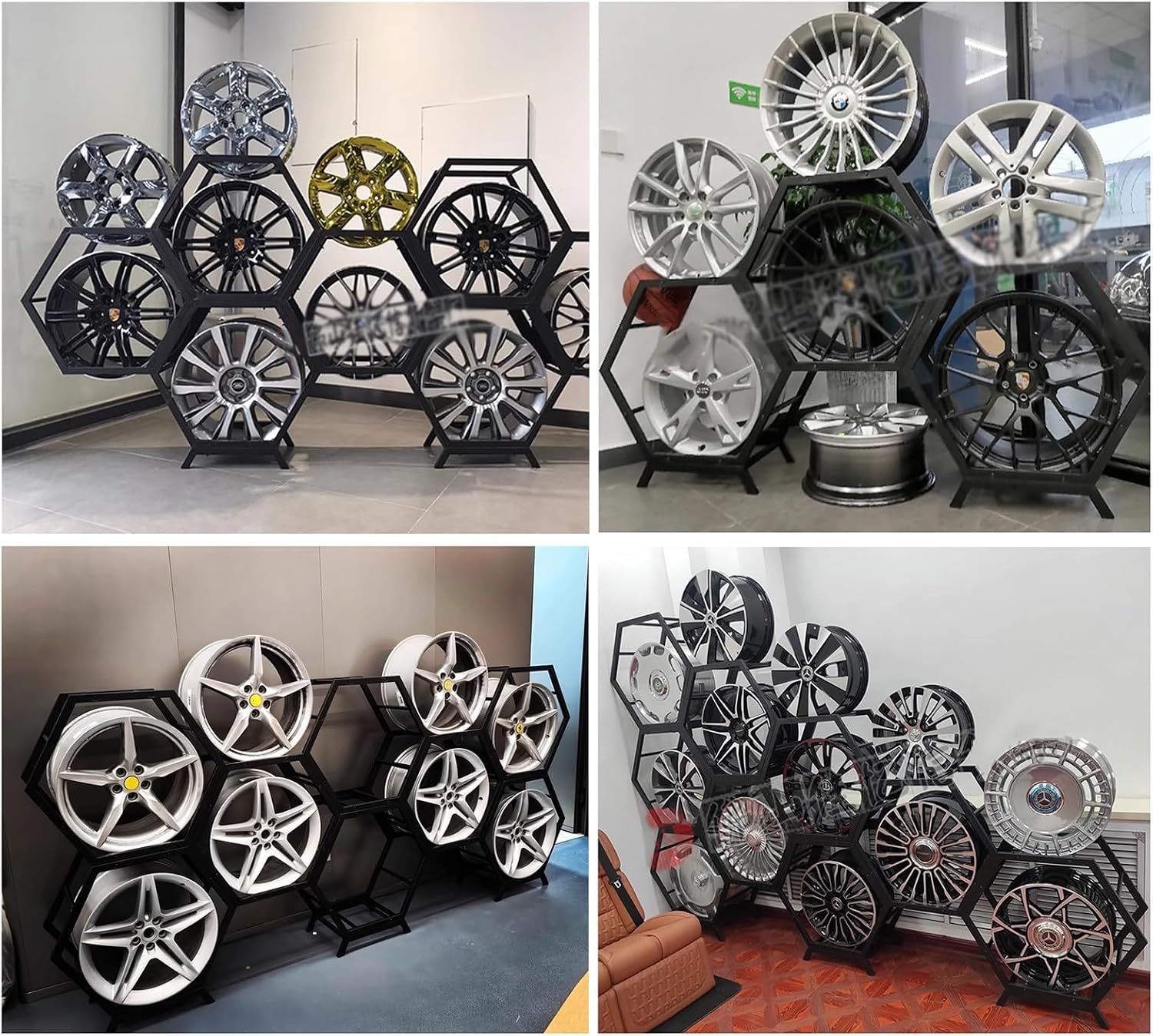  Générique Support De Rangement Pour Jantes De Pneus Robuste, Support Hexagonal Empilable En Acier, Pour Atelier De Réparation Automobile Et Abri Auto (3 Cadres + 1 Base)