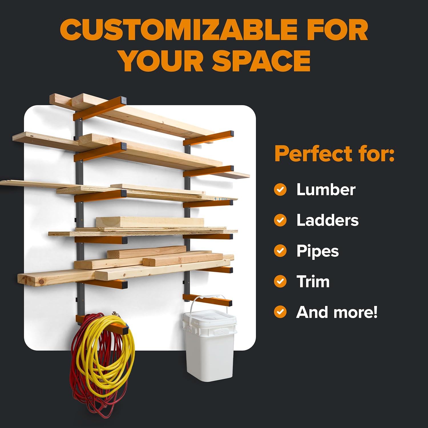  BORA PBR-001 Organiseur En Bois Et étagère De Rangement En Métal Avec Support Mural à 6 Niveaux – Utilisation En Intérieur Et En Extérieur – Orange