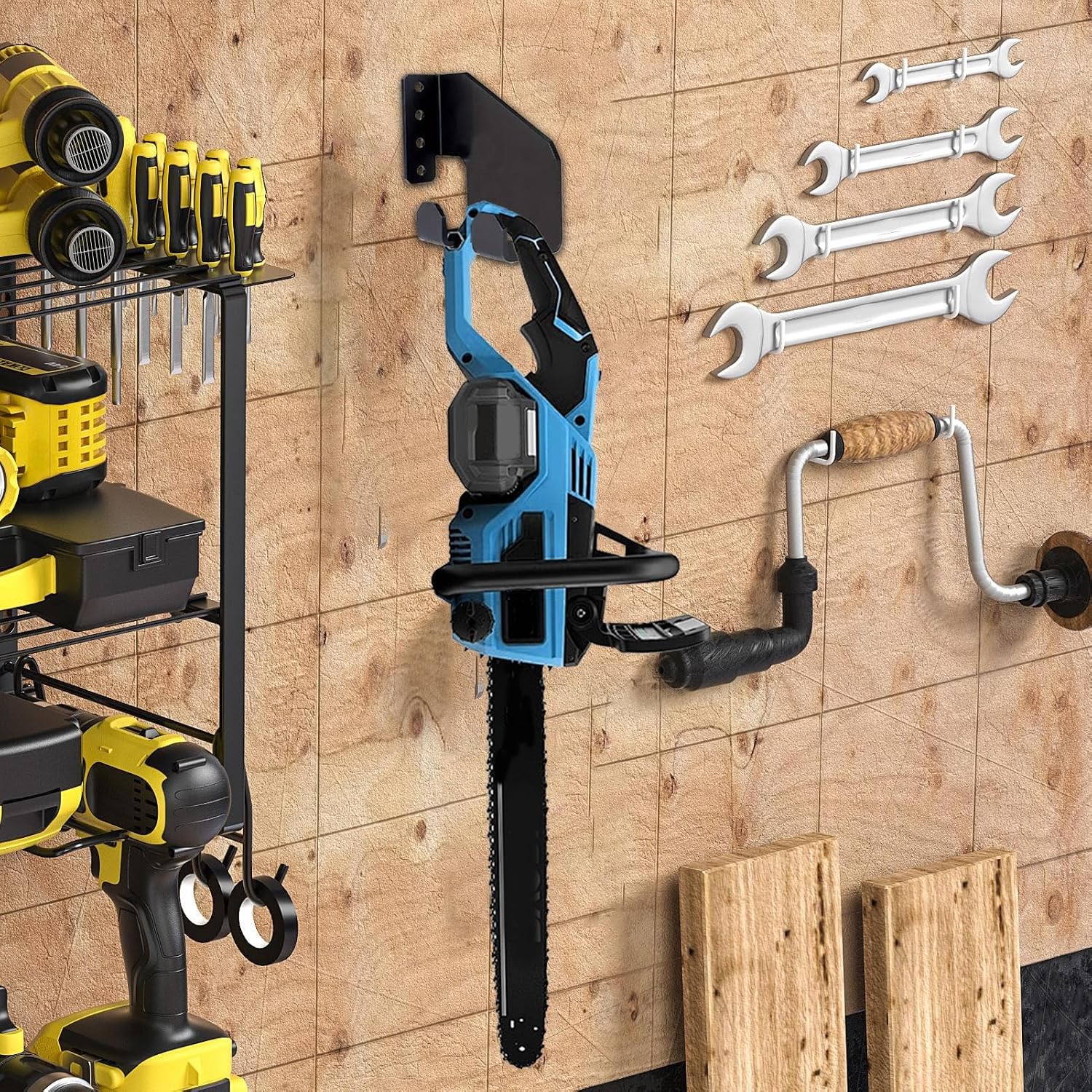  Générique Chainsaw Holder, Heavy-Duty Pot Storage, Garden Tool Organizer Rack, Space-Saving Garage Wall Storage For Chainsaws, Shovels, Oil Pots, And Workshop Equipment, 420g, Black